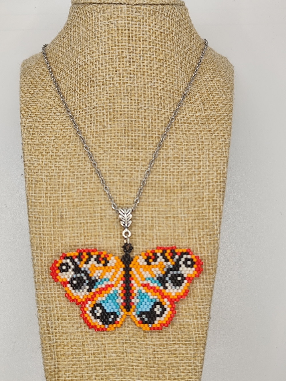 Colorful Beaded Butterfly Pendant Necklace - Orange & Turquoise